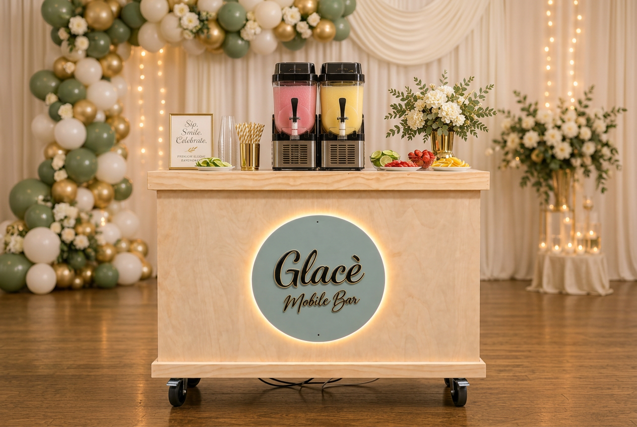 Front of the Glacé Mobile Bar cart dressed with two frozen drink machines, cups, straws, fruit garnishes, flowers, and coordinated event décor