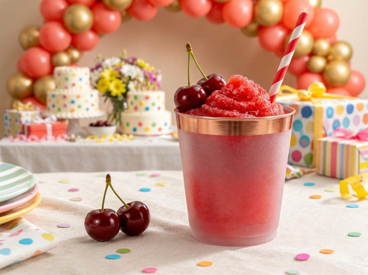 Cherry frozen drink in a copper-trimmed disposable cup at a sweet-sixteen party