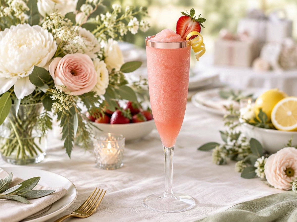 Frosé frozen drink in a rose-gold disposable flute at a bridal shower