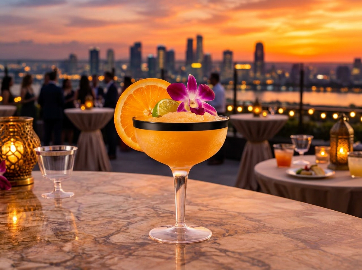 Mai Tai frozen drink in a black-trimmed disposable coupe at a rooftop reception