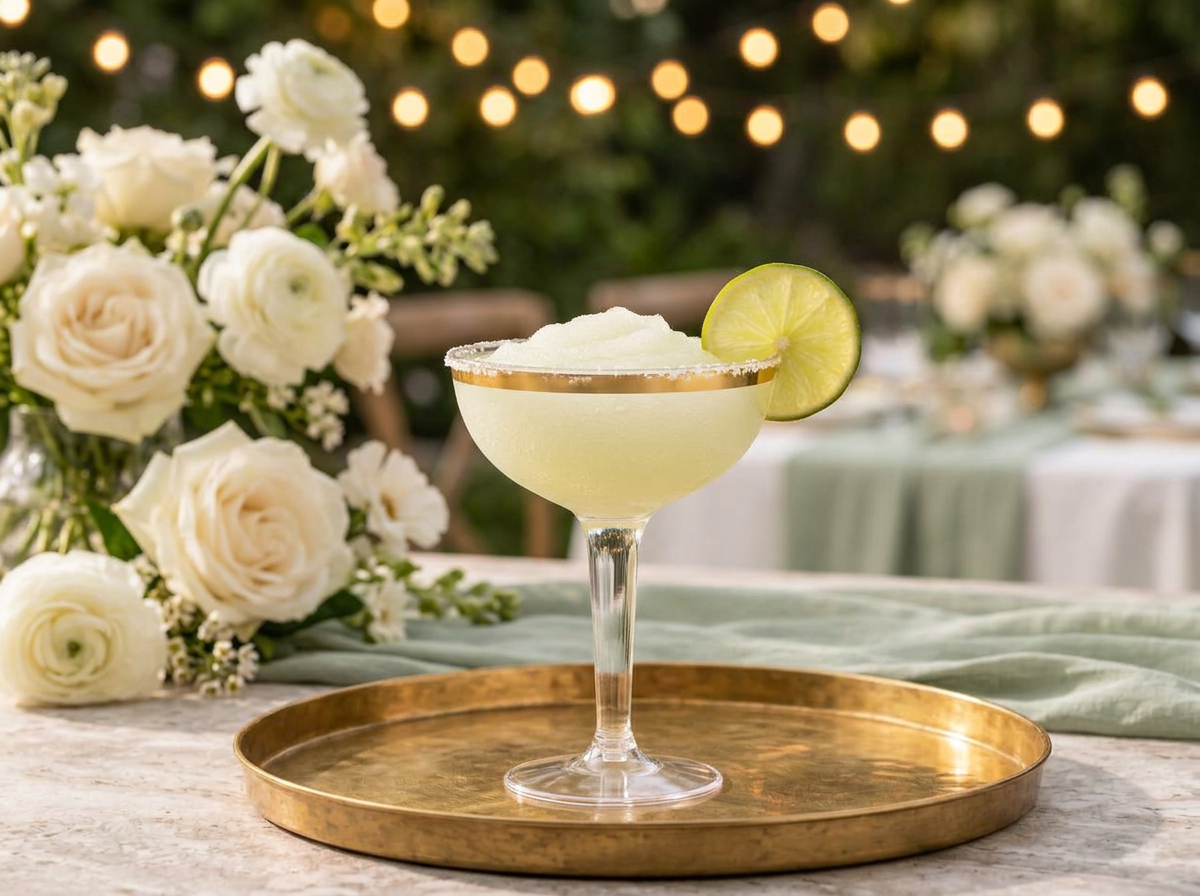 Margarita frozen drink in a gold-trimmed disposable cup at a wedding reception