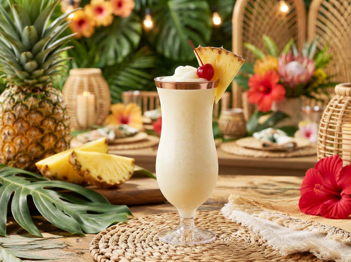 Piña colada frozen drink in a bronze-trimmed disposable cup at a tropical retirement party