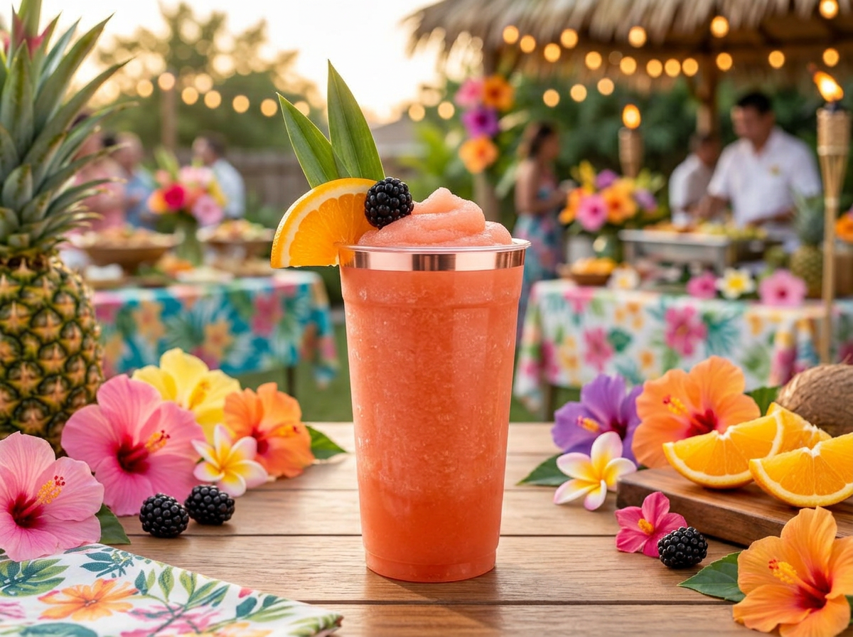 Rum Runner frozen drink in a rose-gold disposable cup at a backyard luau