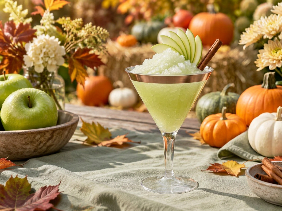 Sour green apple frozen drink in a bronze-trimmed disposable cup at an autumn festival