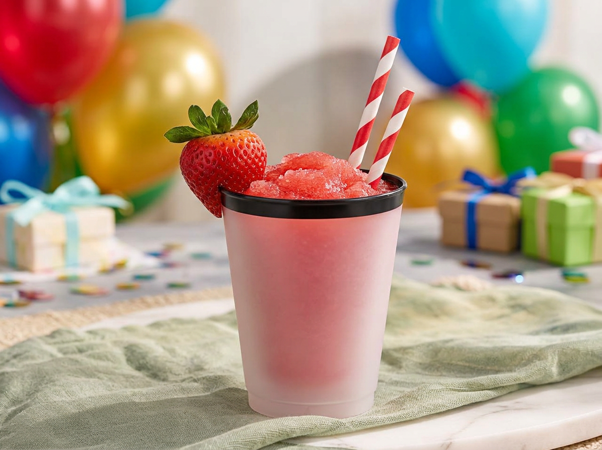 Strawberry frozen drink in a satin-black disposable cup at a birthday celebration